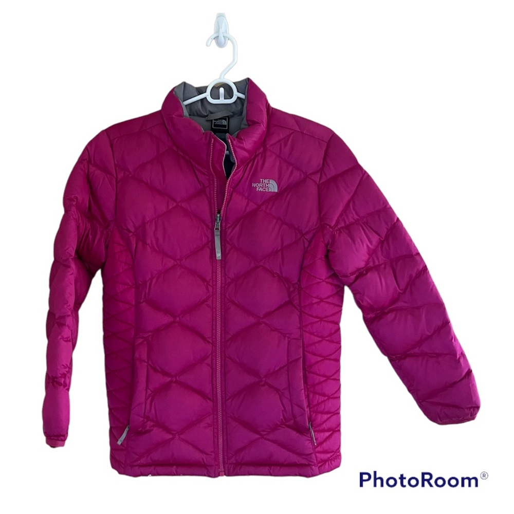 ▫️NORTH FACE: Girls XL (18) dark pink hoodless puffer coat